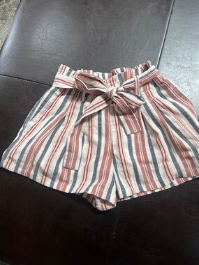 Alya High-Waist Striped Paperbag Shorts in Rust, Navy & Cream